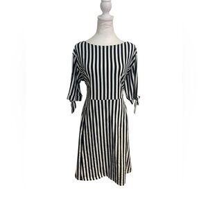 ASOS Size 16 Navy Blue & White Striped Dress Bow Sleeve Mid-Length Casual